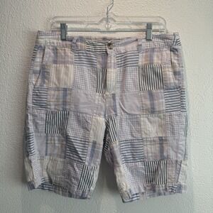 LL Bean Favorite Fit Shorts Women's Size 12 Blue Plaid Patchwork Preppy Classic
